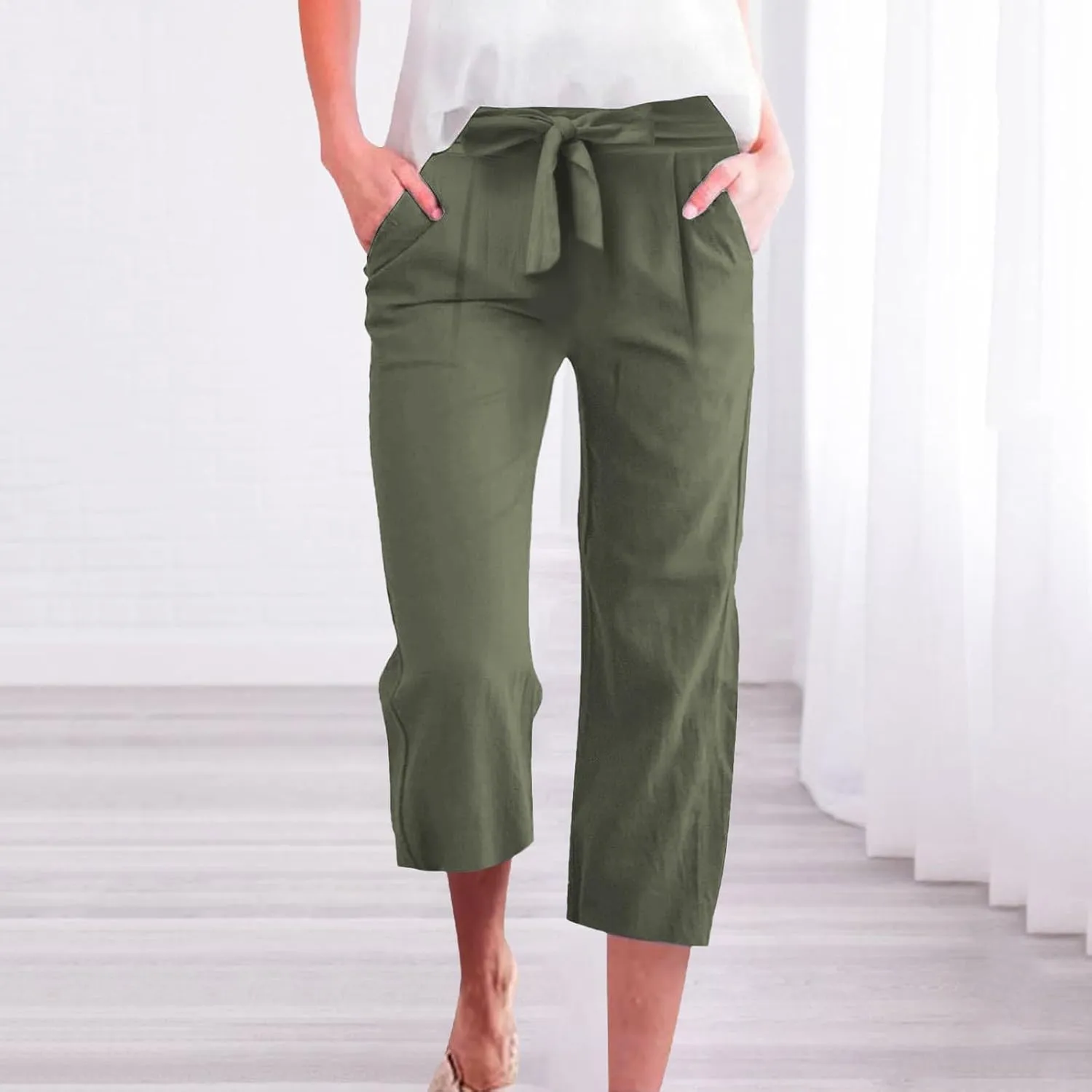 Womens Sweatpants,Women's Pants with Pockets Low Rise Capris Pockets Petite Work Straight Leg Linen Cotton