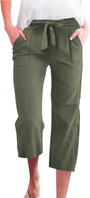 Womens Sweatpants,Women's Pants with Pockets Low Rise Capris Pockets Petite Work Straight Leg Linen Cotton