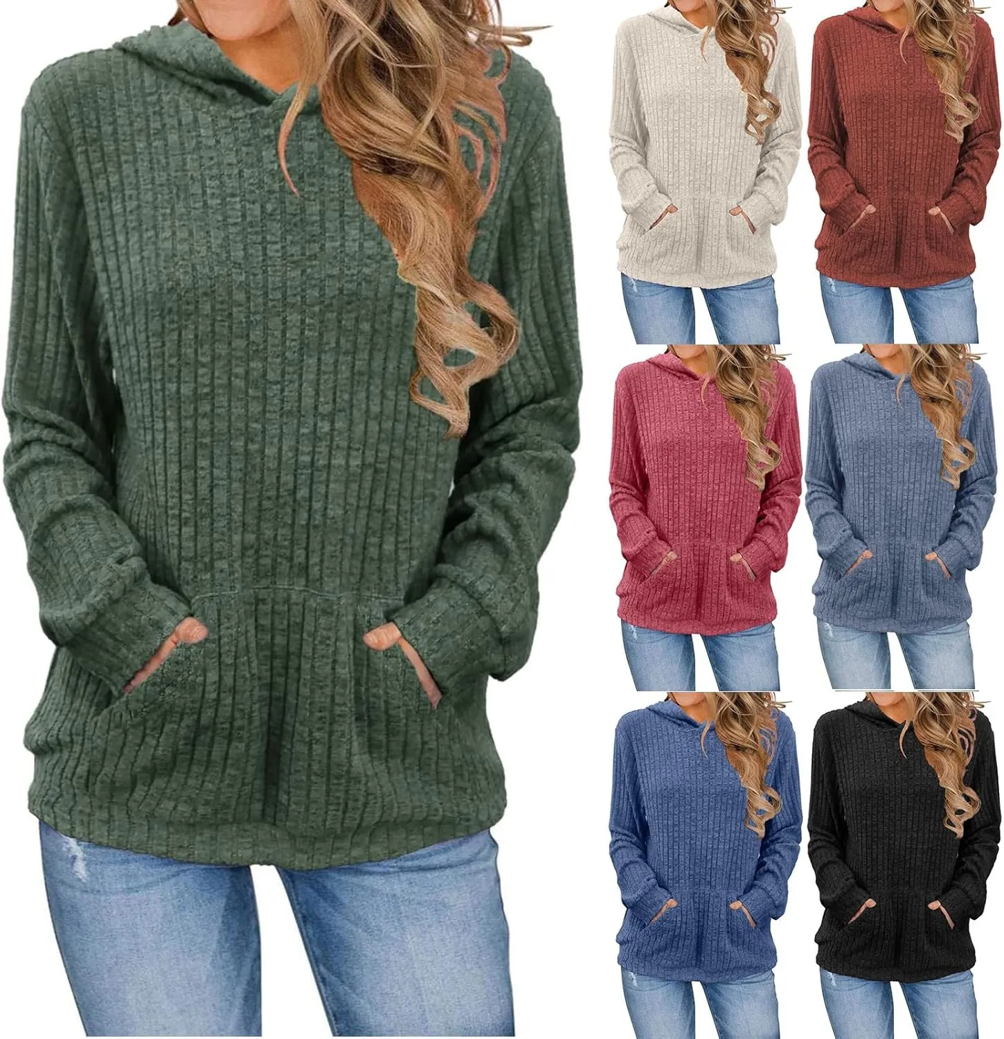 Womens Sweatshirt 2024 Oversized Hoodies Long Sleeve Shirts Kangaroo Pocket Fashion Knit Hoodies Fall Pullover Sweatshirts