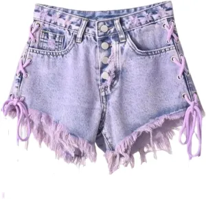 Women's Tassel Jean Shorts Summer High Waist Breasted Denim Shorts A-Line Wide-Leg Hot Pant