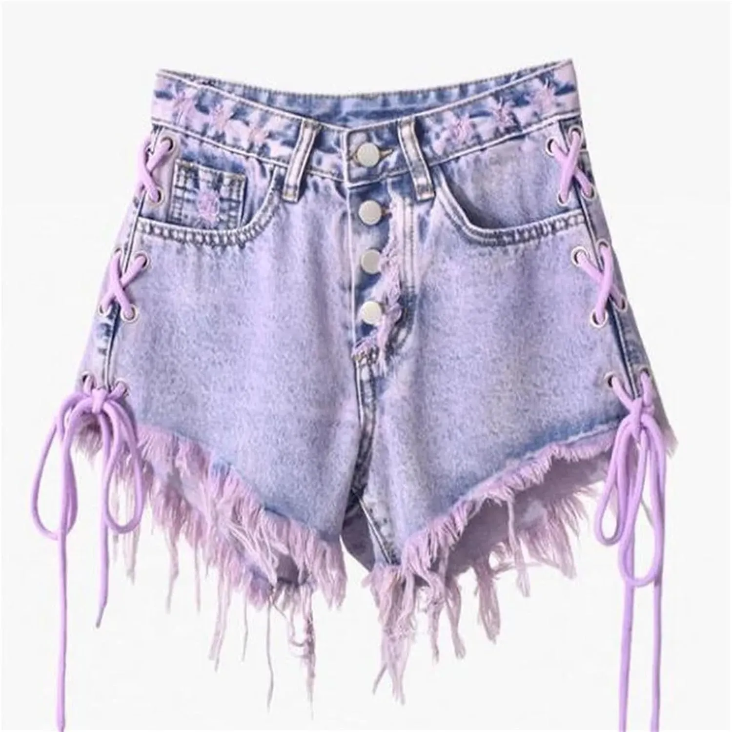 Women's Tassel Jean Shorts Summer High Waist Breasted Denim Shorts A-Line Wide-Leg Hot Pant