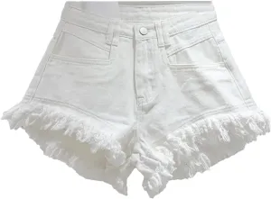 Women's Tassel Jeans Shorts High-Waisted A-Line Wide-Leg Hot Pants Raw Denim Shorts