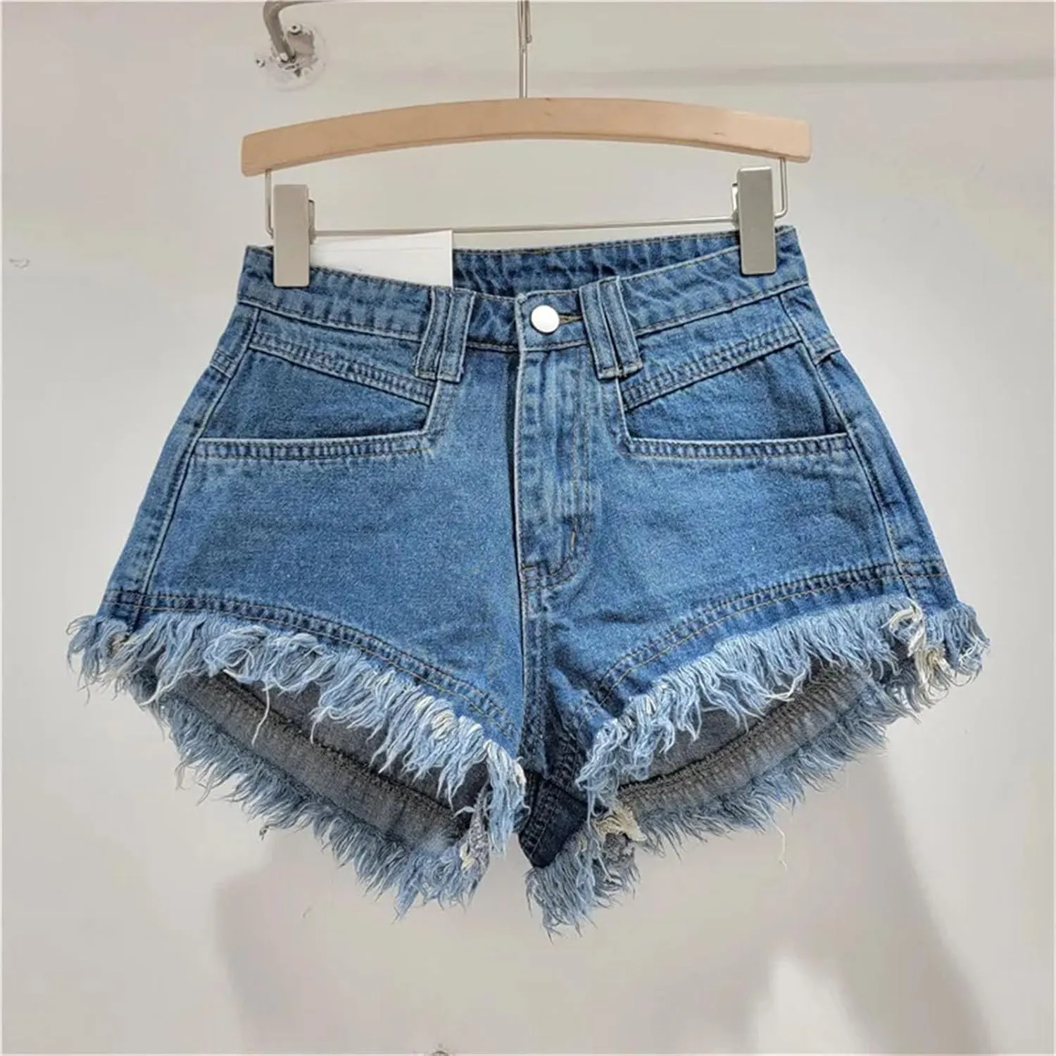 Women's Tassel Jeans Shorts High-Waisted A-Line Wide-Leg Hot Pants Raw Denim Shorts