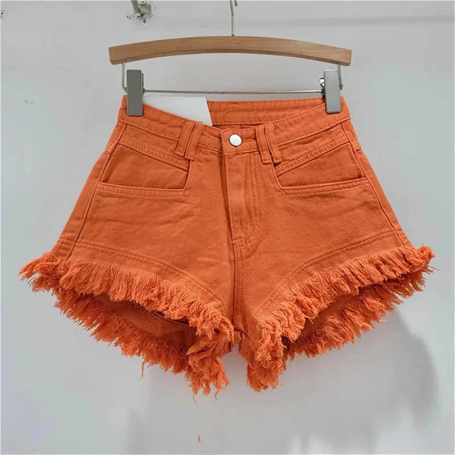 Women's Tassel Jeans Shorts High-Waisted A-Line Wide-Leg Hot Pants Raw Denim Shorts