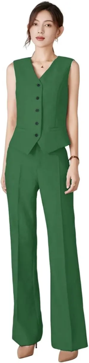 Womens V Neck Vest Pants Suit 2 Piece Set Sleeveless Waistcoat Outfits
