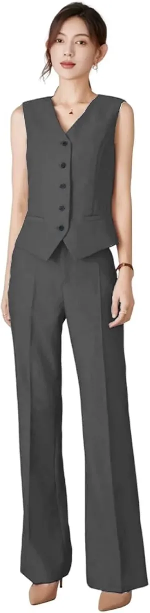 Womens V Neck Vest Pants Suit 2 Piece Set Sleeveless Waistcoat Outfits