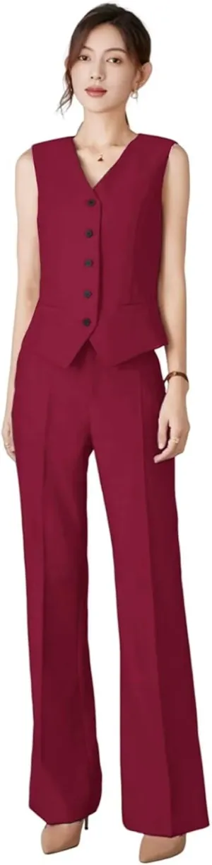 Womens V Neck Vest Pants Suit 2 Piece Set Sleeveless Waistcoat Outfits