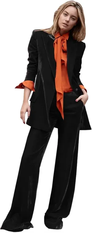 Women's Velvet 2 Piece Outfits Solid Blazer Jacket Work Office Pants Suit Set