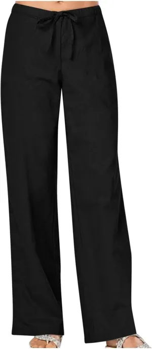 Women's Wide Leg Linen Pants, 2025 Summer High Waisted Casual Slacks Cotton Linen Palazzo Trousers with Pockets