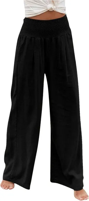 Womens Wide Leg Palazzo Pants Linen Pants 2024 Summer High Waisted Flowy Trousers Casual Lounge Pant with Pockets