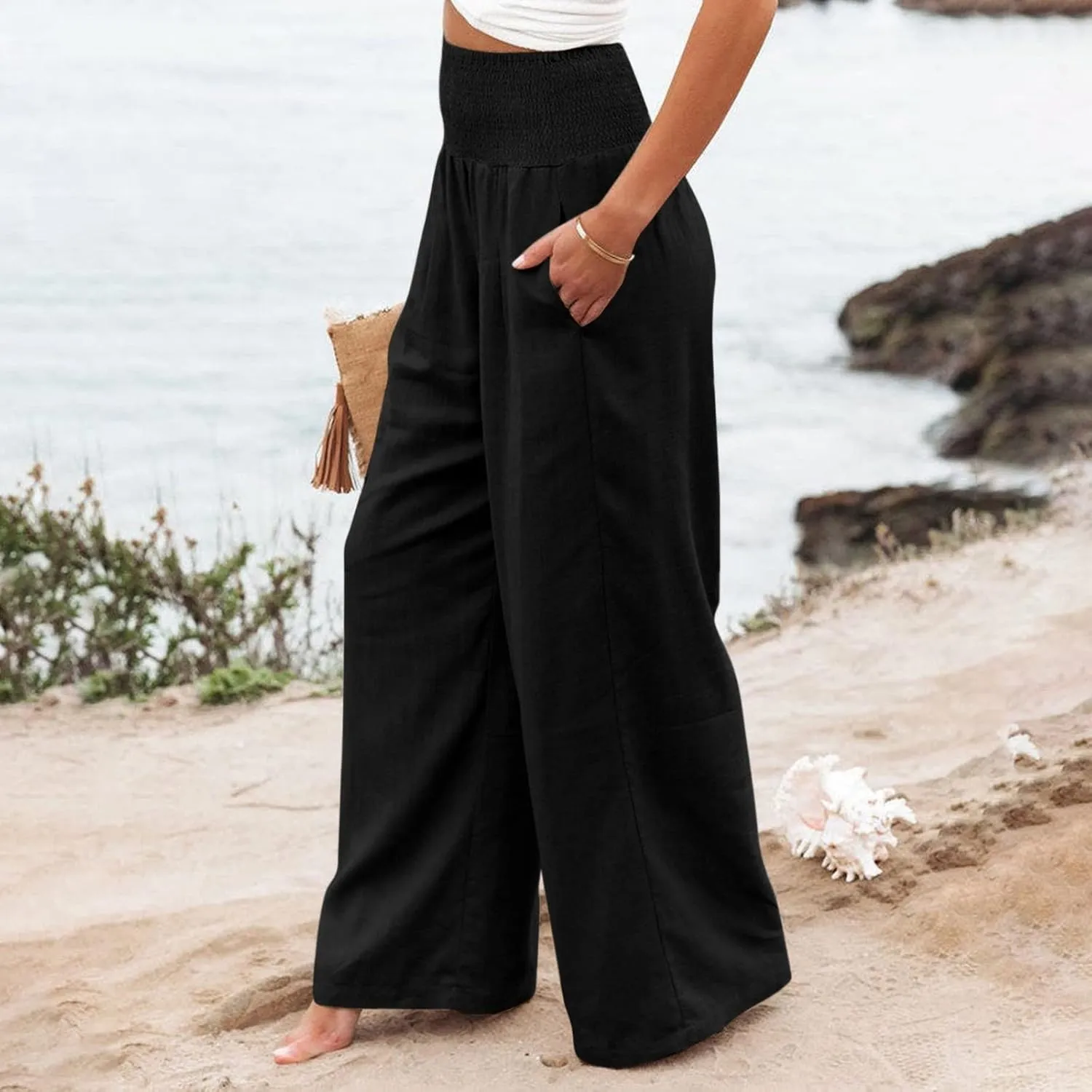 Womens Wide Leg Palazzo Pants Linen Pants 2024 Summer High Waisted Flowy Trousers Casual Lounge Pant with Pockets