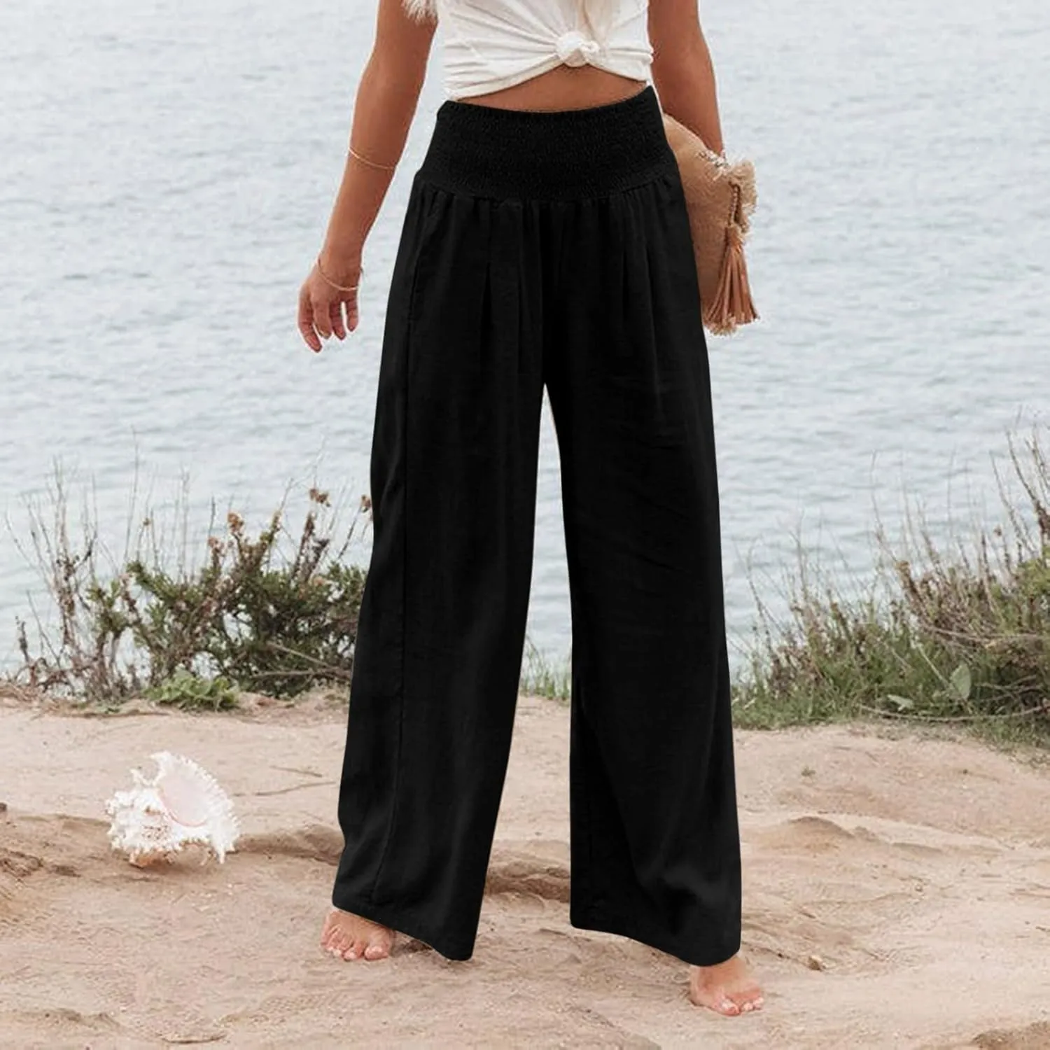 Womens Wide Leg Palazzo Pants Linen Pants 2024 Summer High Waisted Flowy Trousers Casual Lounge Pant with Pockets