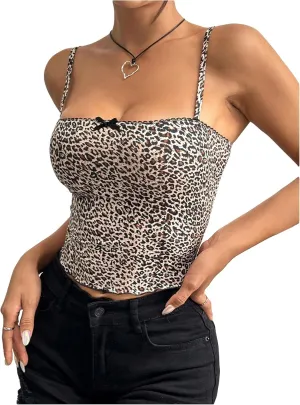 Women's Y2K Leopard Print Cami Crop Tops Square Neck Spaghetti Strap Camisole Cheetah Tank Top