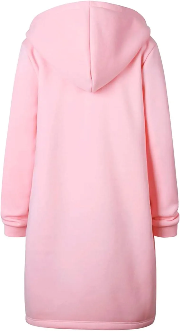 Womens Zip Up Long Hoodies Casual Drawstring Fleece Hooded Jacket Fall Winter Oversized Hoodie Coat Casual Sweatshirt