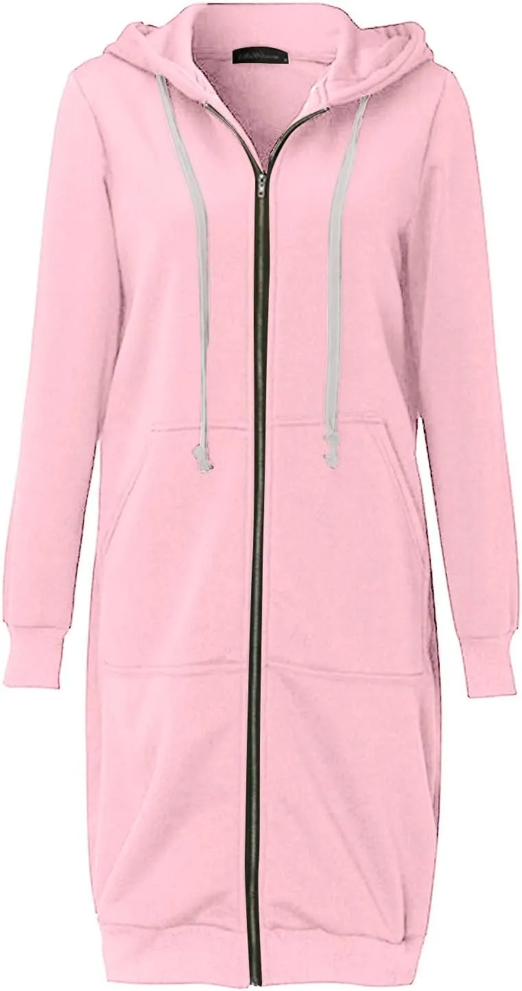 Womens Zip Up Long Hoodies Casual Drawstring Fleece Hooded Jacket Fall Winter Oversized Hoodie Coat Casual Sweatshirt
