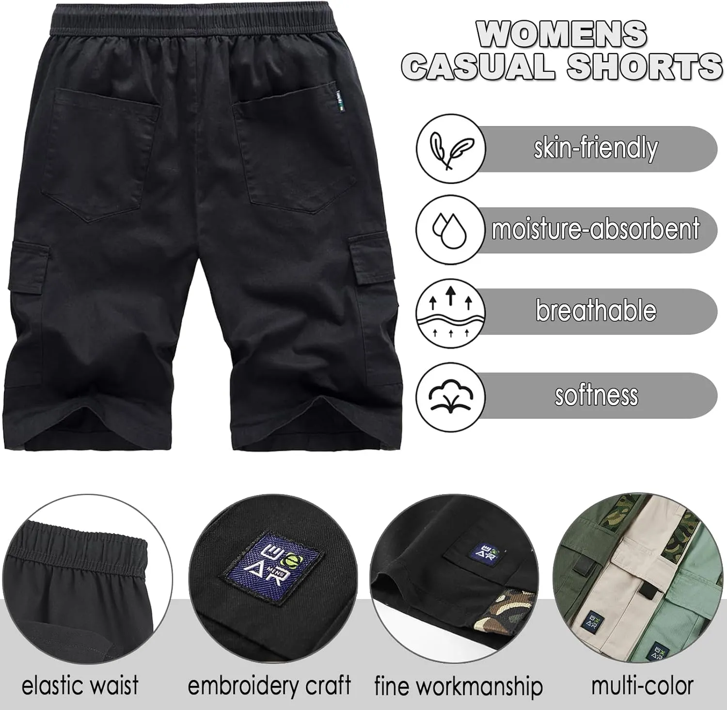 XinYangNi Women's Casual Cargo Shorts with Pockets Elastic High Waist Drawstring Bermuda Shorts for Women