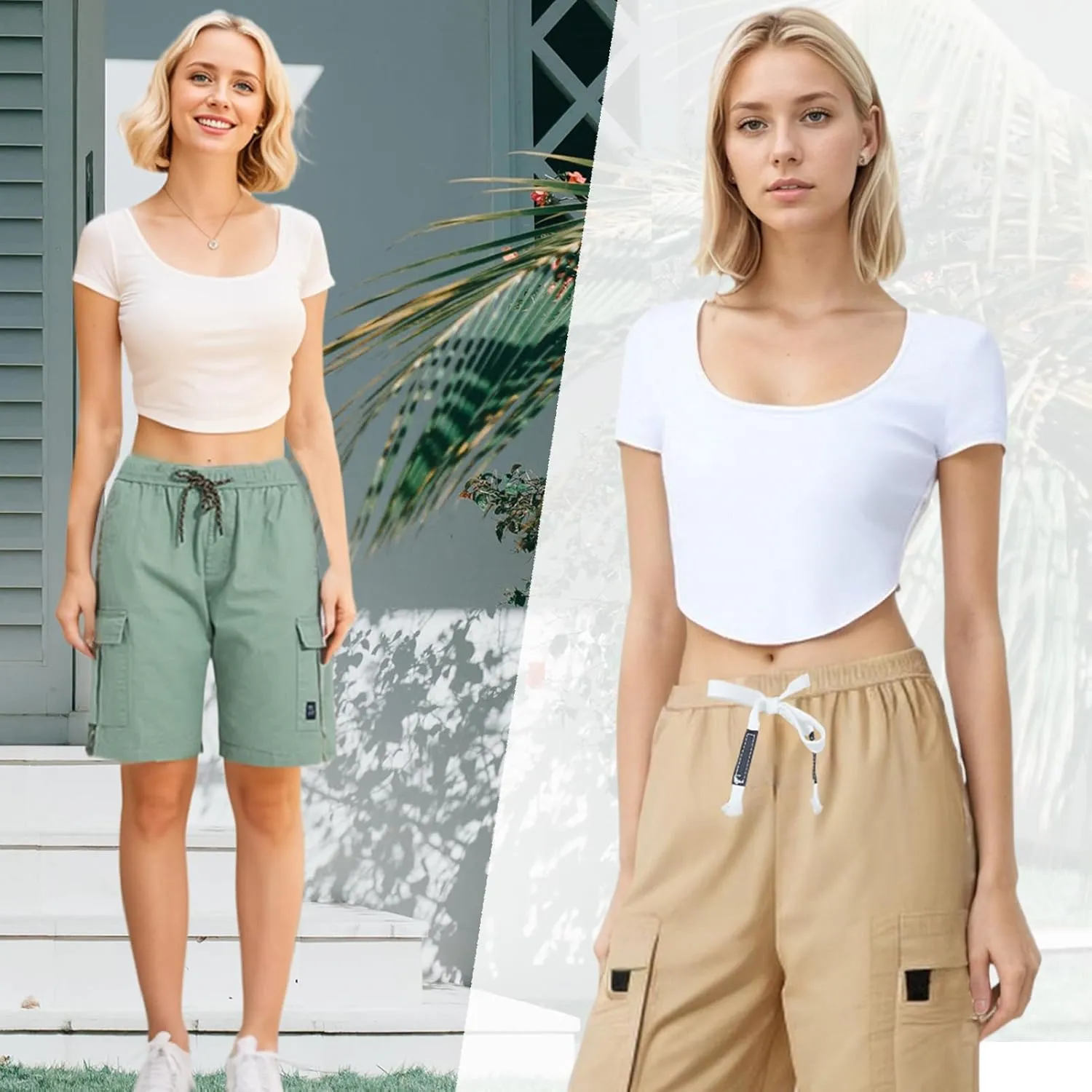 XinYangNi Women's Casual Cargo Shorts with Pockets Elastic High Waist Drawstring Bermuda Shorts for Women
