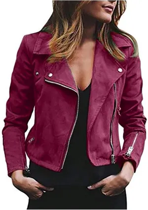 XUNRYAN Suede Leather Jacket Women Fashion Cropped Leather Motorcycle Jacket Plus Size Faux Leather PU Lightweight Short Coat