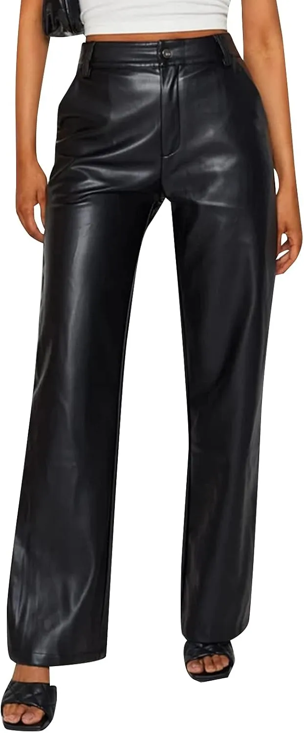 Y2K Leather Pants for Women Vintage Faux Leather Pockets Straight Leg Trousers