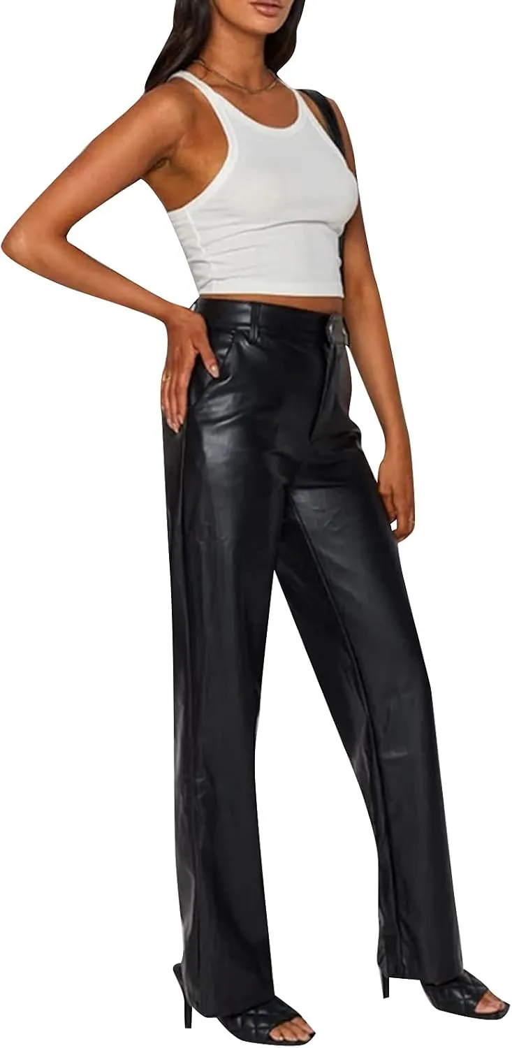 Y2K Leather Pants for Women Vintage Faux Leather Pockets Straight Leg Trousers