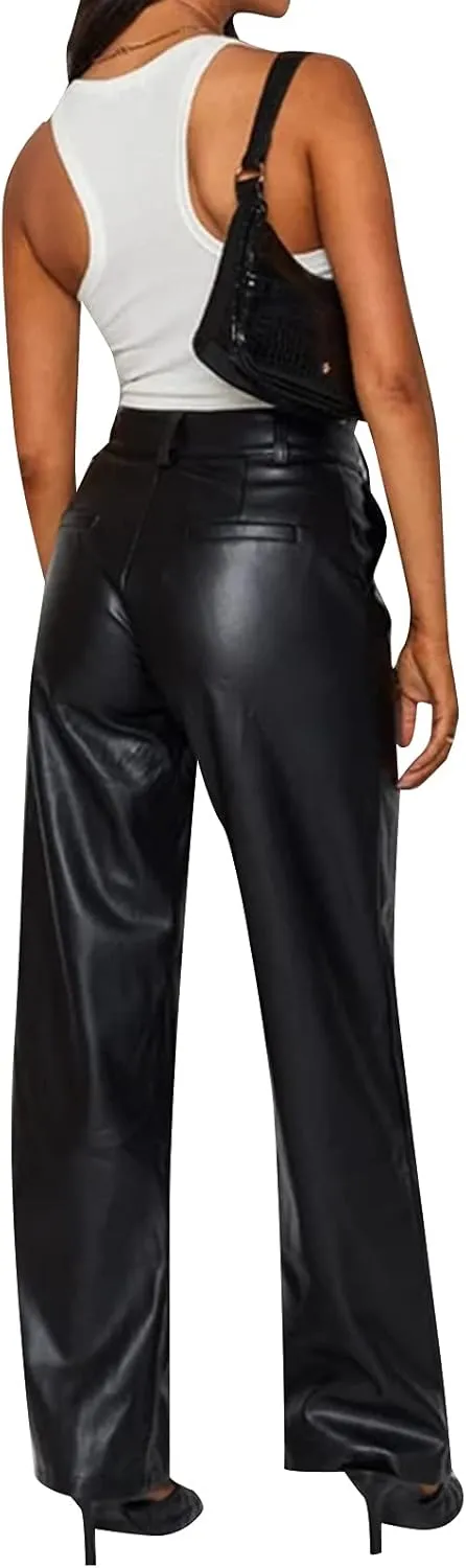 Y2K Leather Pants for Women Vintage Faux Leather Pockets Straight Leg Trousers