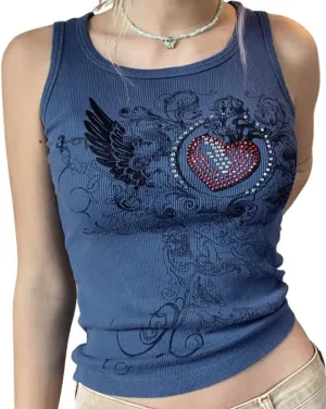 Y2K Tank Tops for Women Girls Heart Graphic Rhinestone U-Neck Sleeveless Tops Coquett Summer Mcbling Clothes