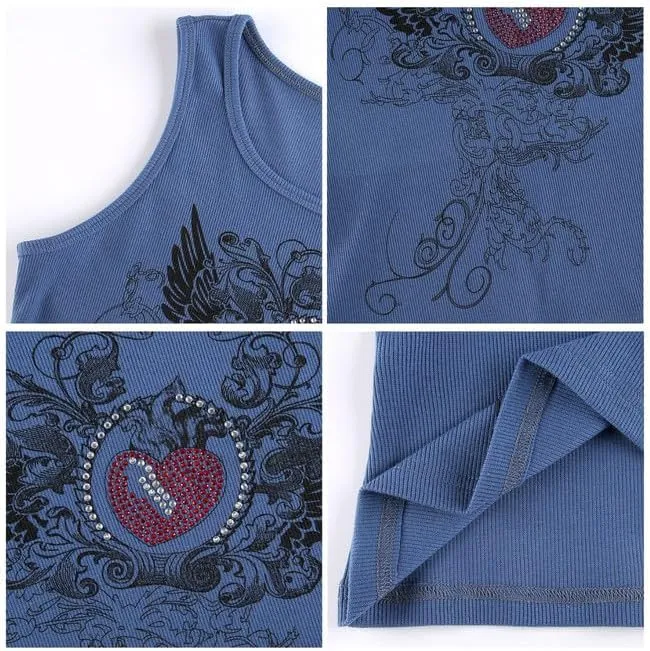 Y2K Tank Tops for Women Girls Heart Graphic Rhinestone U-Neck Sleeveless Tops Coquett Summer Mcbling Clothes