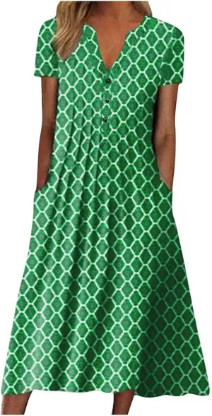 Yesunpxs Dresses for Women 2024 Summer Boho Short Sleeve O-Neck Maxi Dress Casual Beach Printed Long Dresses with Pocket