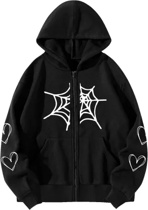 YRAETENM Oversized Y2k Zip up Hoodie for Women Men Gothic Spider Web Heart Graphic Sweatshirt Casual Lightweight Baggy Coats