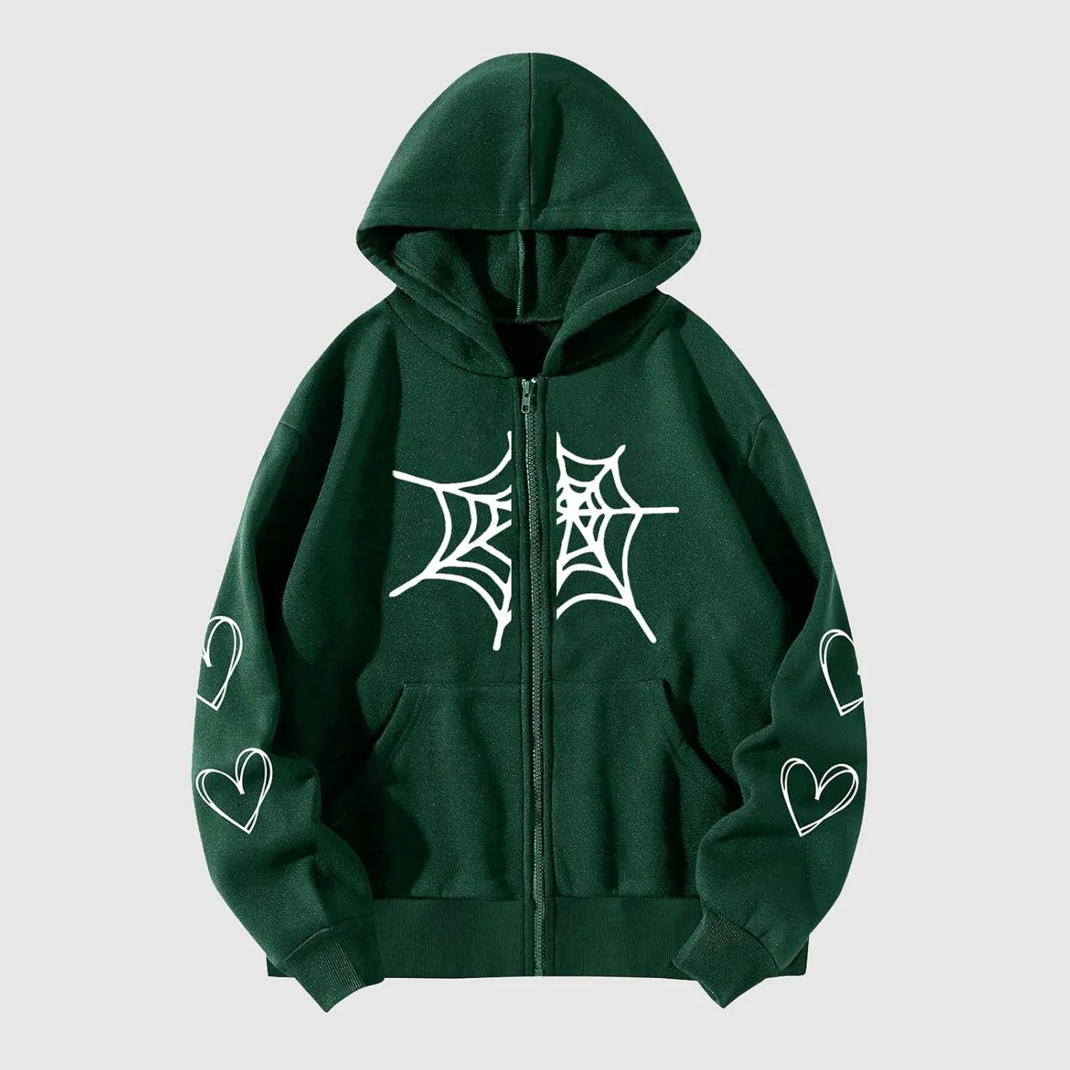 YRAETENM Oversized Y2k Zip up Hoodie for Women Men Gothic Spider Web Heart Graphic Sweatshirt Casual Lightweight Baggy Coats