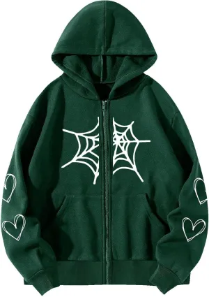 YRAETENM Oversized Y2k Zip up Hoodie for Women Men Gothic Spider Web Heart Graphic Sweatshirt Casual Lightweight Baggy Coats