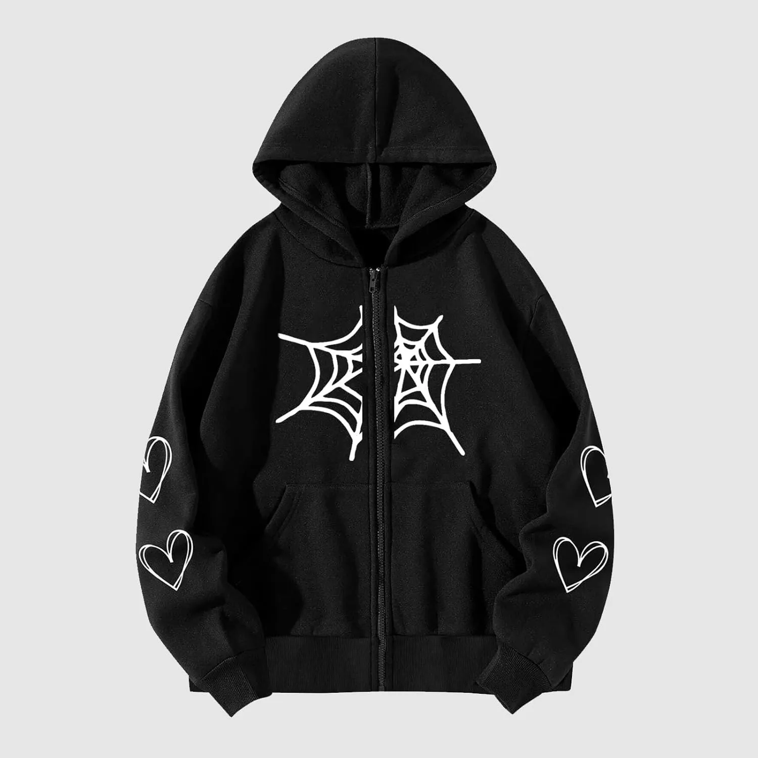 YRAETENM Oversized Y2k Zip up Hoodie for Women Men Gothic Spider Web Heart Graphic Sweatshirt Casual Lightweight Baggy Coats