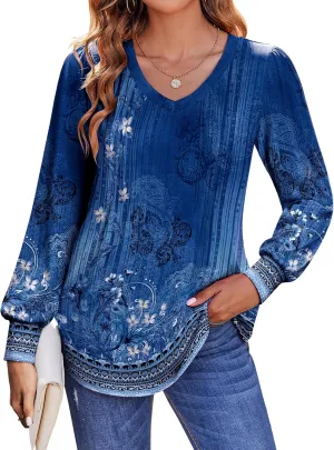 Zeagoo Women's Puff Long Sleeve Shirts Pleated V Neck Fall Tunic Tops Blouse Dressy Casual Loose Summer T-Shirts