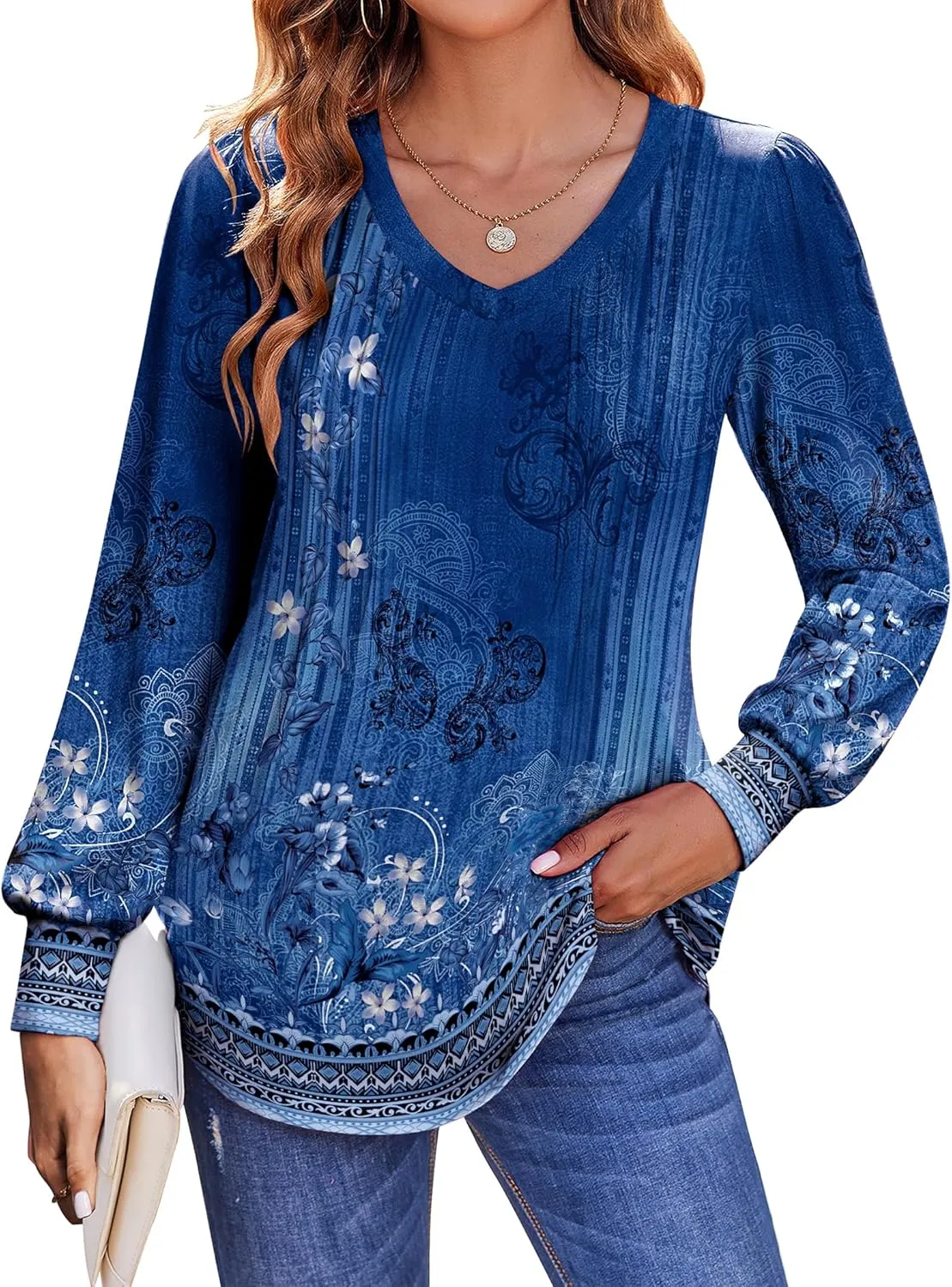 Zeagoo Women's Puff Long Sleeve Shirts Pleated V Neck Fall Tunic Tops Blouse Dressy Casual Loose Summer T-Shirts