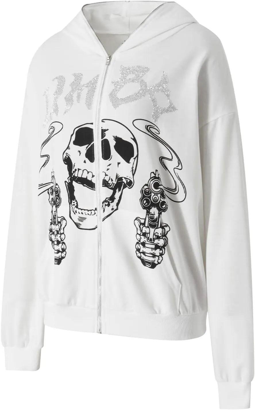 Zip Up Hoodies for Women Y2K Spider Web Print Halloween Hooded Sweatshirt Fleece Hoodie Coat Warm Hoody with Pockets