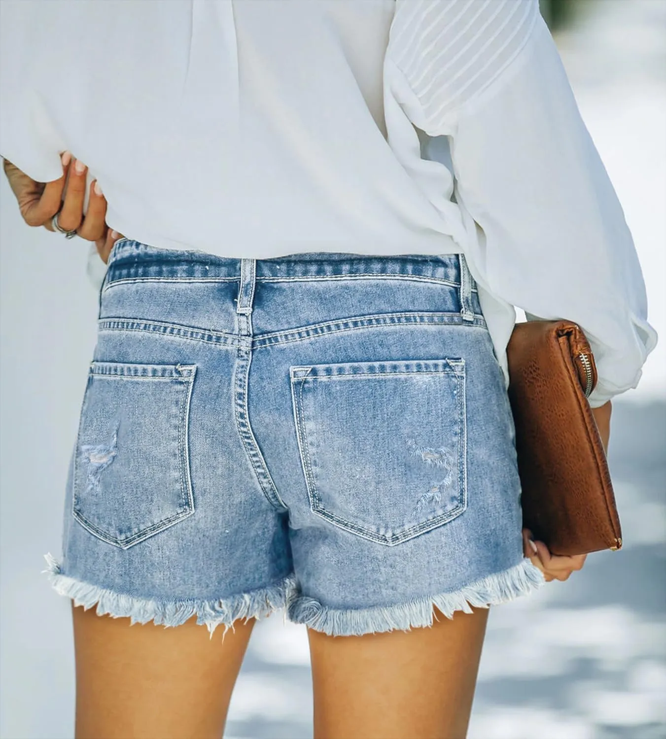 ZOLUCKY Women's Casual Summer Denim Shorts Mid Waisted Stretchy Ripped Jean Shorts with Pockets