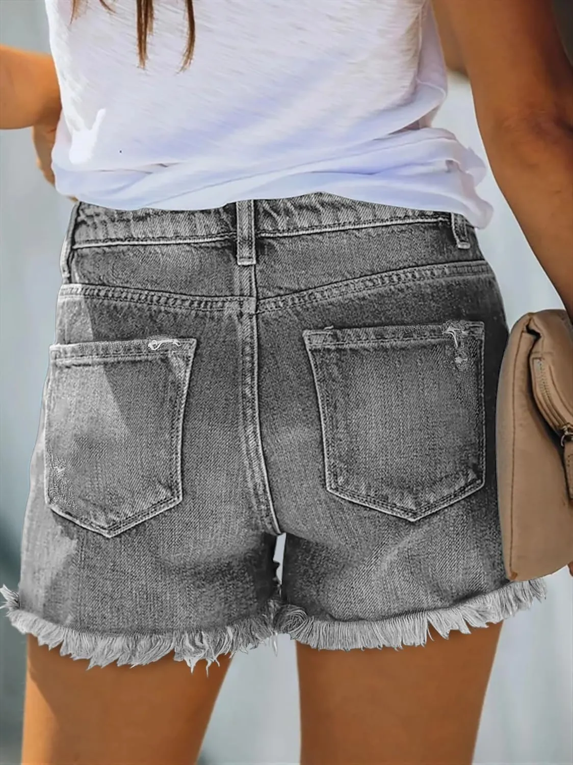 ZOLUCKY Women's Casual Summer Denim Shorts Mid Waisted Stretchy Ripped Jean Shorts with Pockets