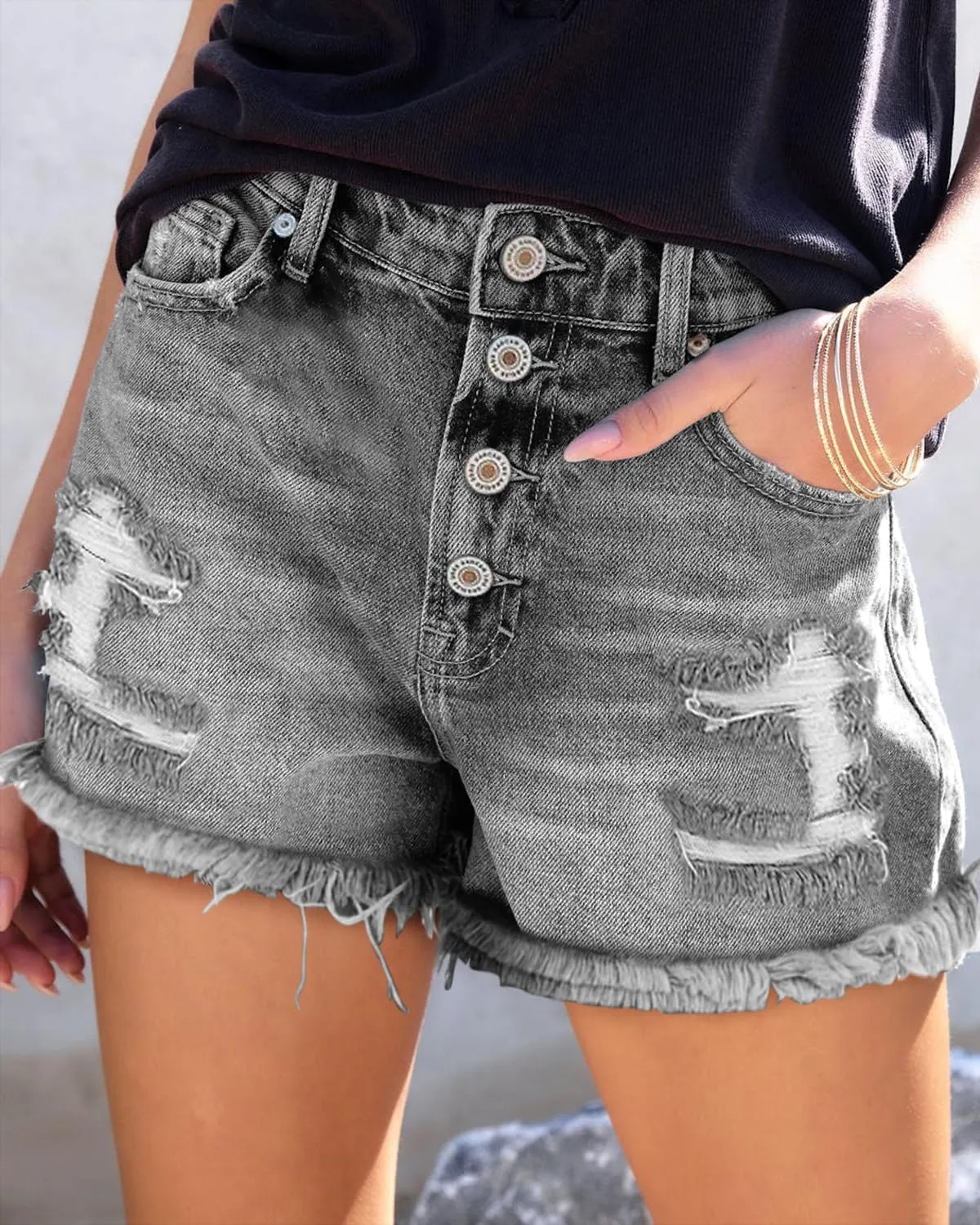 ZOLUCKY Women's Casual Summer Denim Shorts Mid Waisted Stretchy Ripped Jean Shorts with Pockets