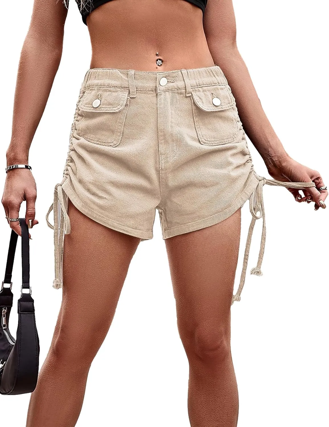 Zontroldy Womens Lightweight Cargo Shorts Casual Baggy Short Hot Pants Elastic High Waist Shorts with Pockets