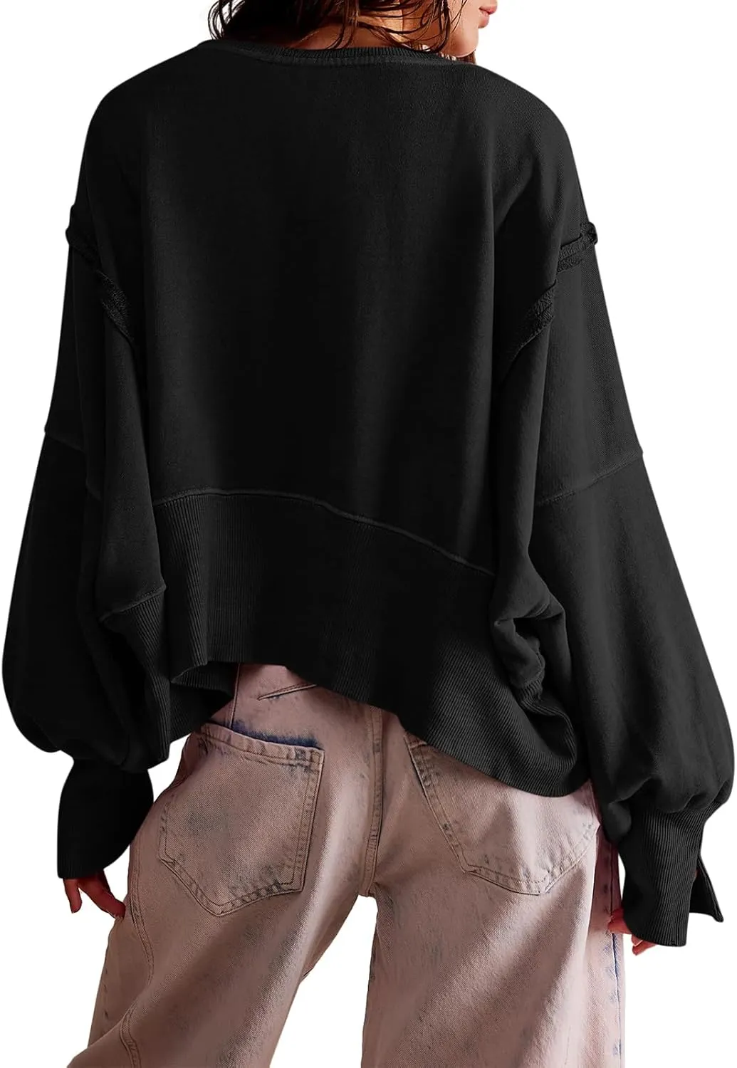 Zwurew Womens Casual Sweatshirt Long Sleeve Tops Crewneck Loose Fit Tee Pullover Crop Tshirt Side Slit Fall Fashion 2024
