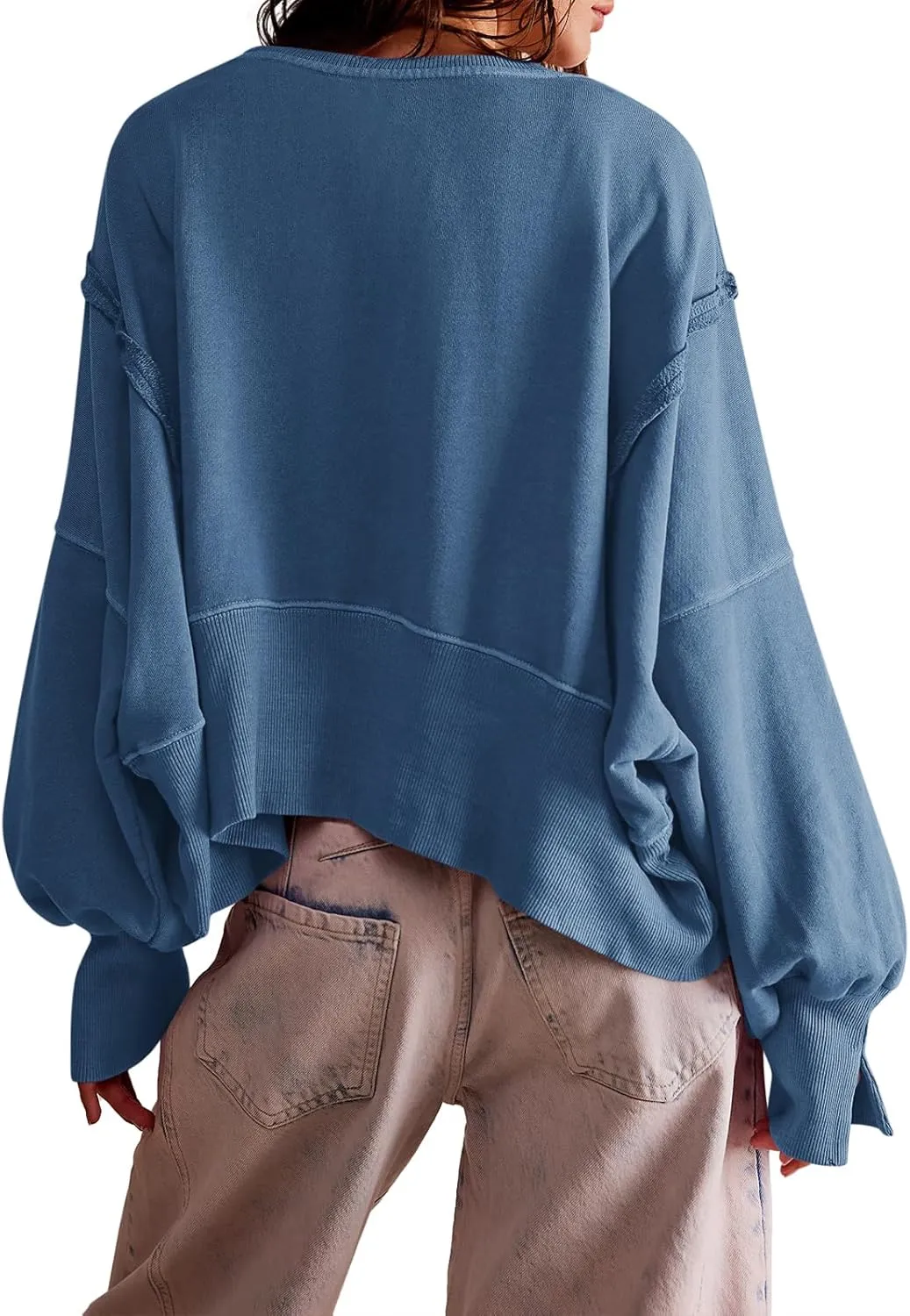Zwurew Womens Casual Sweatshirt Long Sleeve Tops Crewneck Loose Fit Tee Pullover Crop Tshirt Side Slit Fall Fashion 2024