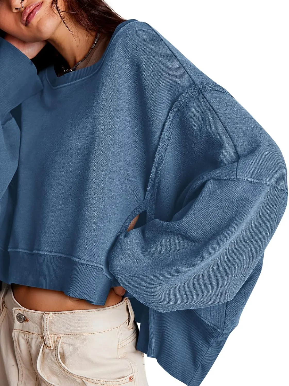 Zwurew Womens Casual Sweatshirt Long Sleeve Tops Crewneck Loose Fit Tee Pullover Crop Tshirt Side Slit Fall Fashion 2024