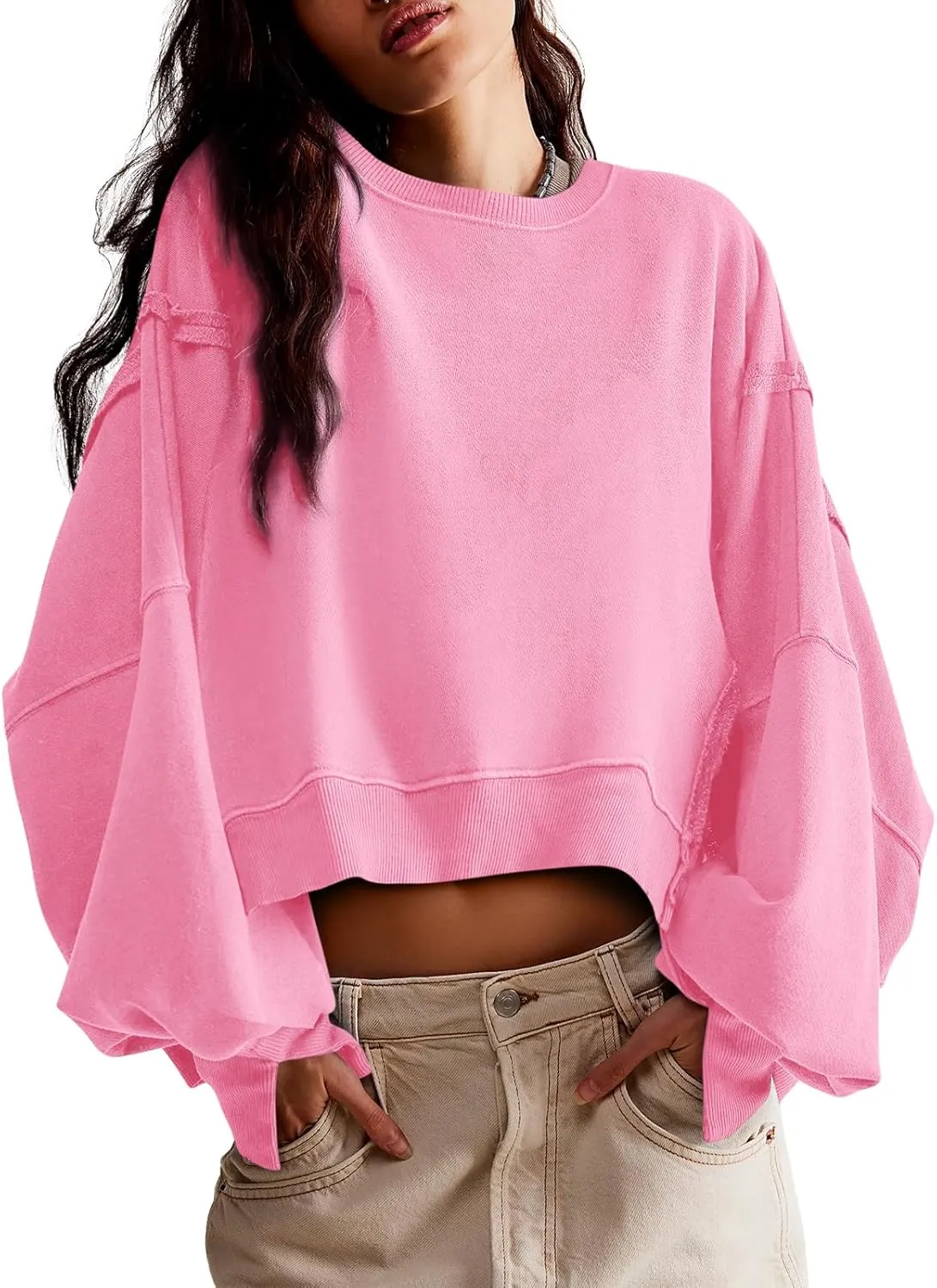 Zwurew Womens Casual Sweatshirt Long Sleeve Tops Crewneck Loose Fit Tee Pullover Crop Tshirt Side Slit Fall Fashion 2024