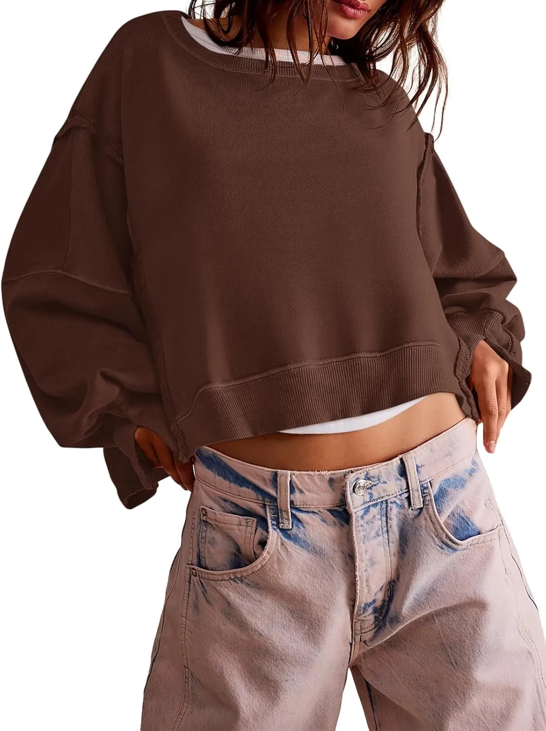 Zwurew Womens Casual Sweatshirt Long Sleeve Tops Crewneck Loose Fit Tee Pullover Crop Tshirt Side Slit Fall Fashion 2024