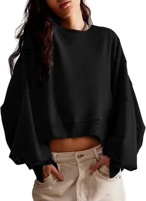 Zwurew Womens Casual Sweatshirt Long Sleeve Tops Crewneck Loose Fit Tee Pullover Crop Tshirt Side Slit Fall Fashion 2024
