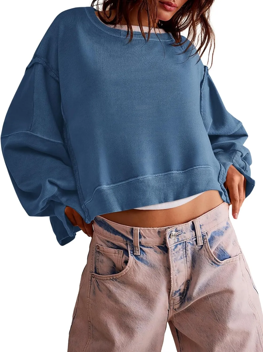 Zwurew Womens Casual Sweatshirt Long Sleeve Tops Crewneck Loose Fit Tee Pullover Crop Tshirt Side Slit Fall Fashion 2024
