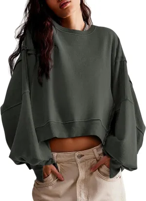 Zwurew Womens Casual Sweatshirt Long Sleeve Tops Crewneck Loose Fit Tee Pullover Crop Tshirt Side Slit Fall Fashion 2024