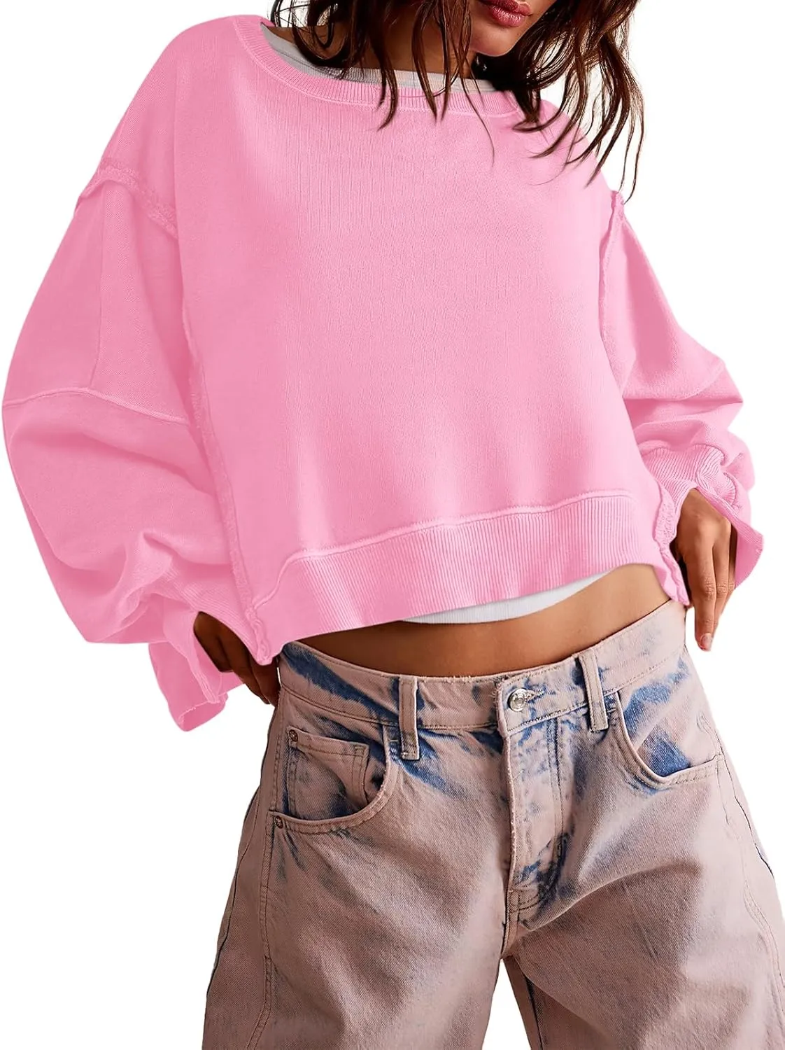 Zwurew Womens Casual Sweatshirt Long Sleeve Tops Crewneck Loose Fit Tee Pullover Crop Tshirt Side Slit Fall Fashion 2024