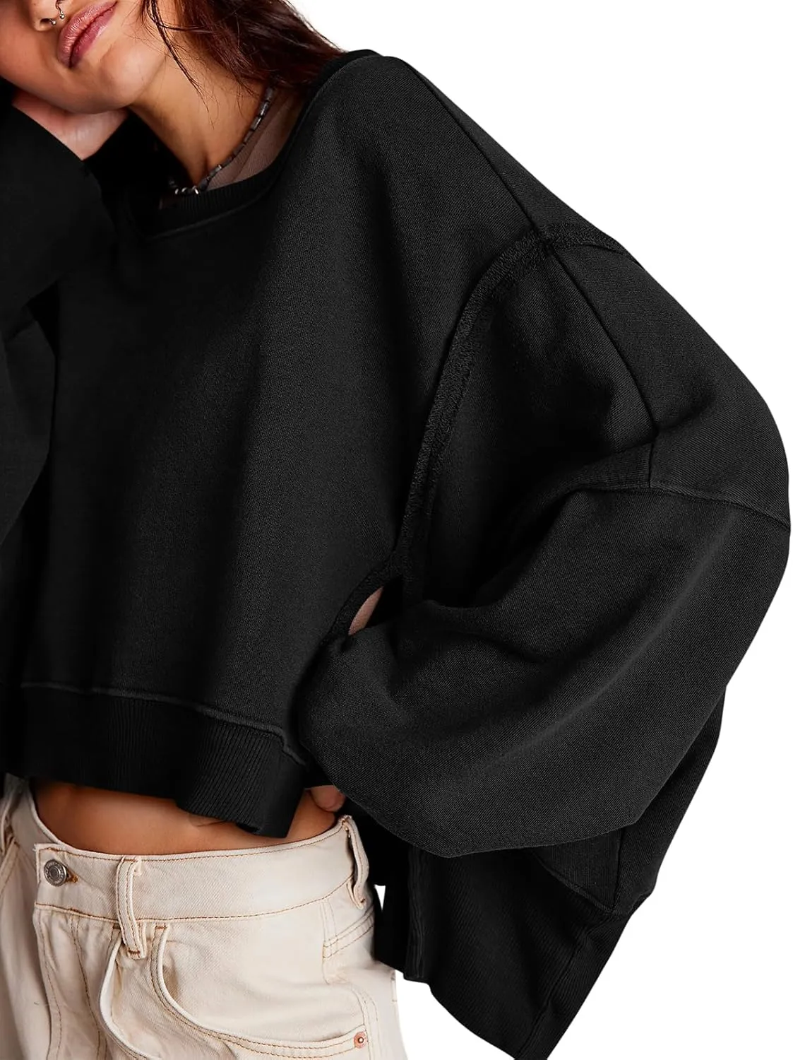 Zwurew Womens Casual Sweatshirt Long Sleeve Tops Crewneck Loose Fit Tee Pullover Crop Tshirt Side Slit Fall Fashion 2024