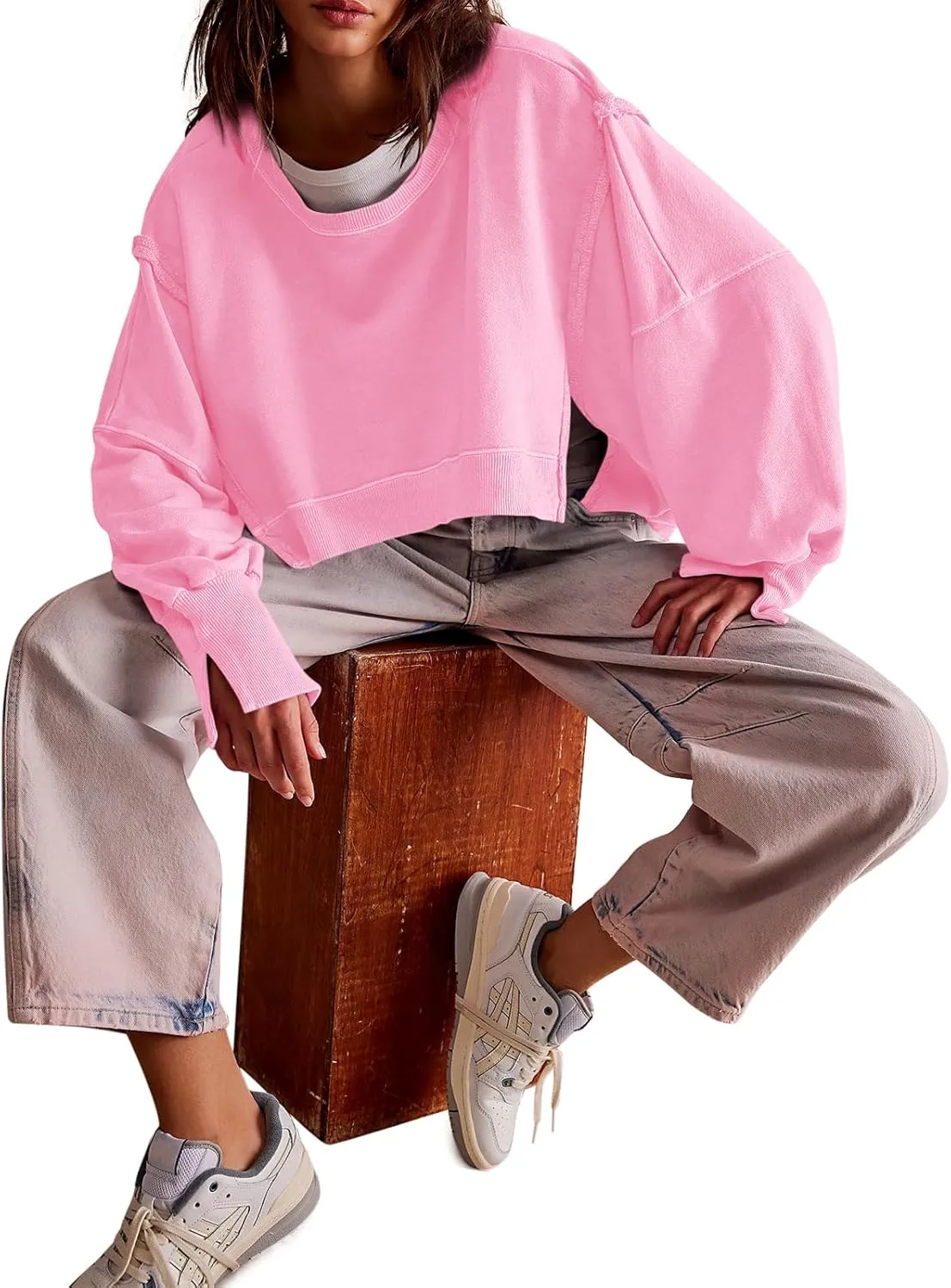 Zwurew Womens Casual Sweatshirt Long Sleeve Tops Crewneck Loose Fit Tee Pullover Crop Tshirt Side Slit Fall Fashion 2024